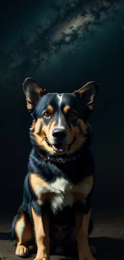 Dog sitting under a starry night sky with a cosmic background.