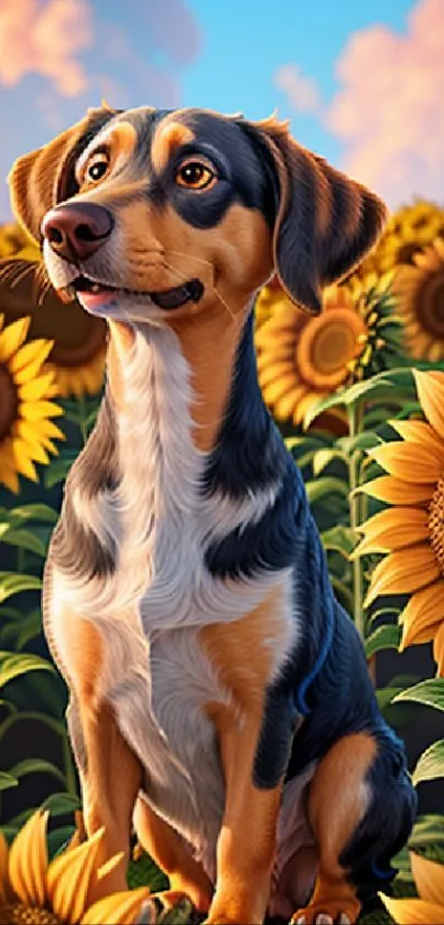 A happy dog sitting amidst a vibrant sunflower field under a bright blue sky.