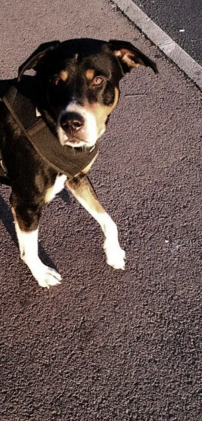 Black and white dog standing on sunlit urban street.