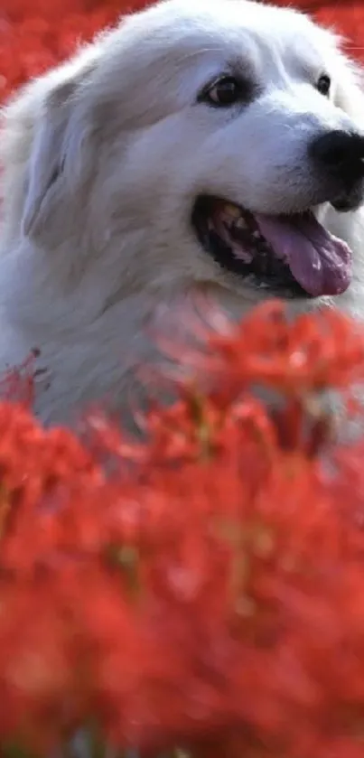 Fluffy white dog in vibrant red flower field.