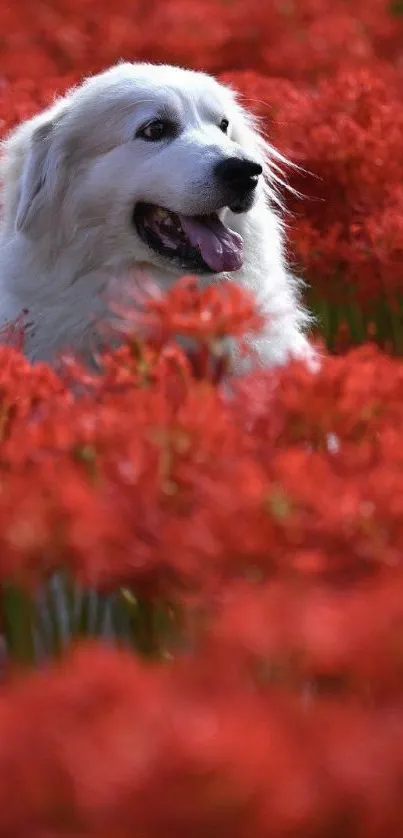 A fluffy white dog amidst vibrant red flowers.