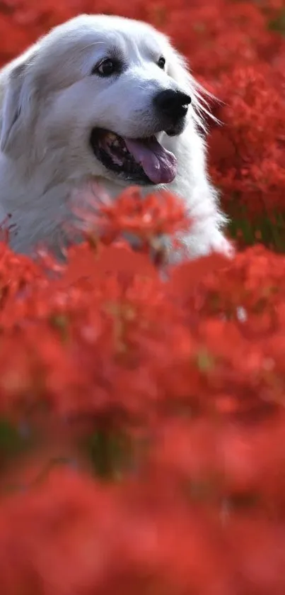 Fluffy white dog among vibrant red flowers.