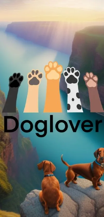 Dogs on a cliff with scenic canyon backdrop at sunset, featuring 'Doglover' text.