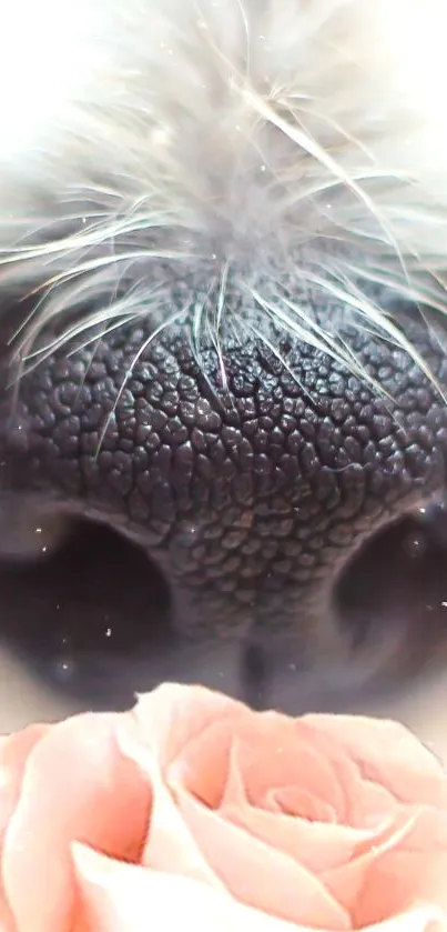 Closeup of a dog nose with a soft pink rose.