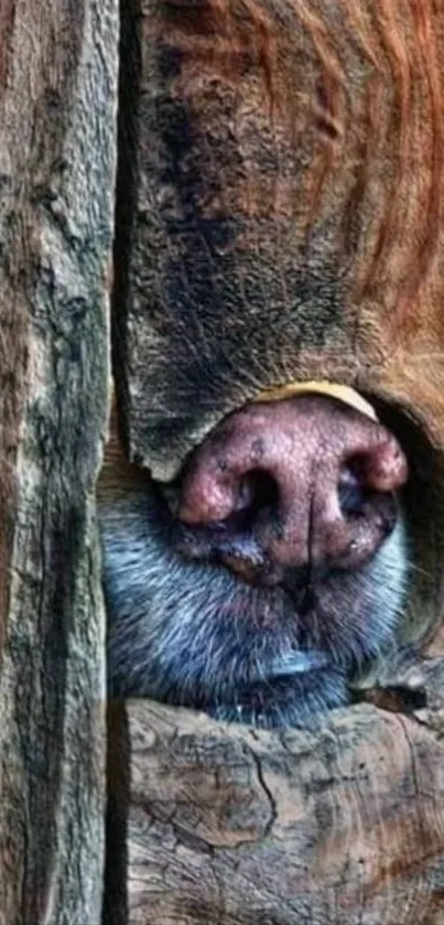 Dog nose peeking through wooden fence.