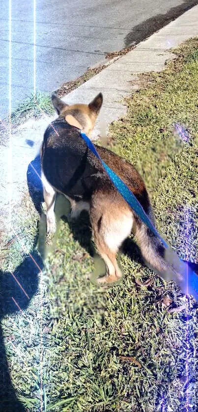 Dog walking on grass with blue lights on a leash.