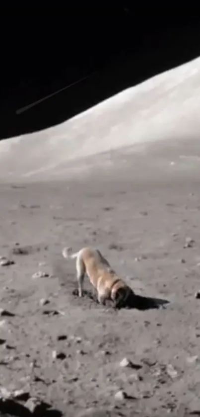 A dog exploring a barren lunar surface under a dark sky.