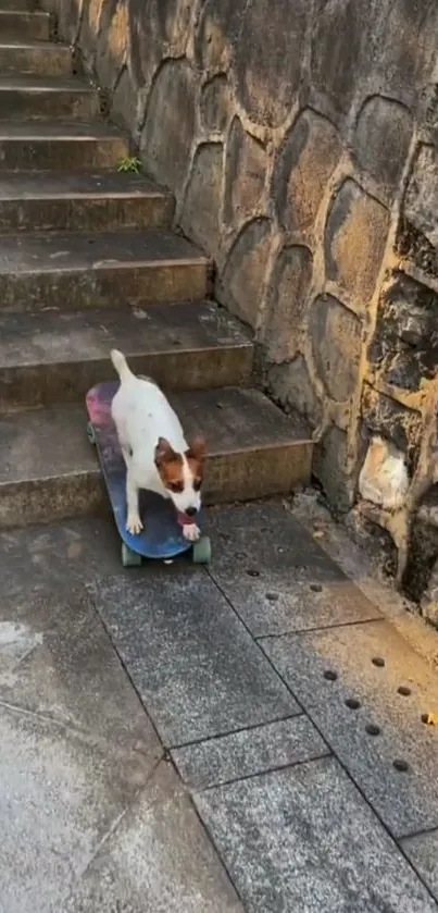 Dog skateboarding down stone steps.