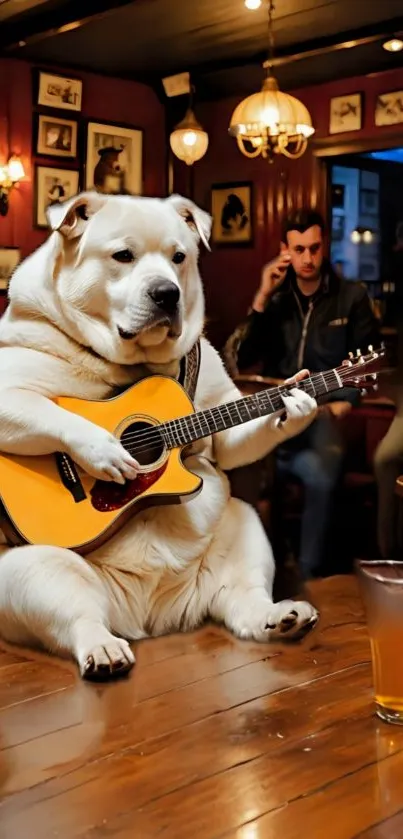 A white dog playing guitar in a cozy pub.