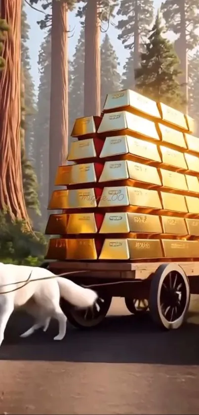 Dog pulls a gold-laden cart through a lush forest scene.