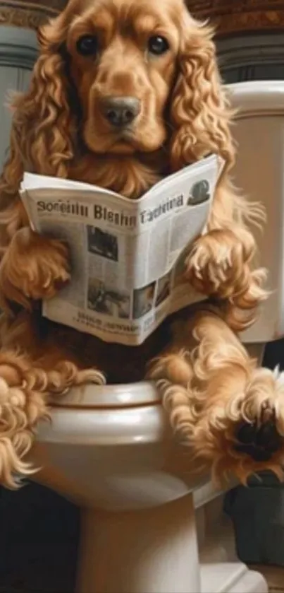 Cocker spaniel reading newspaper on toilet.