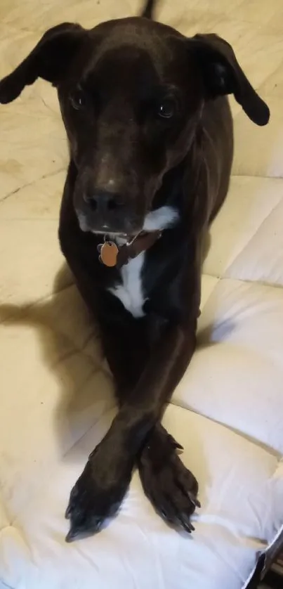 Black dog relaxing on a bed, paws crossed.