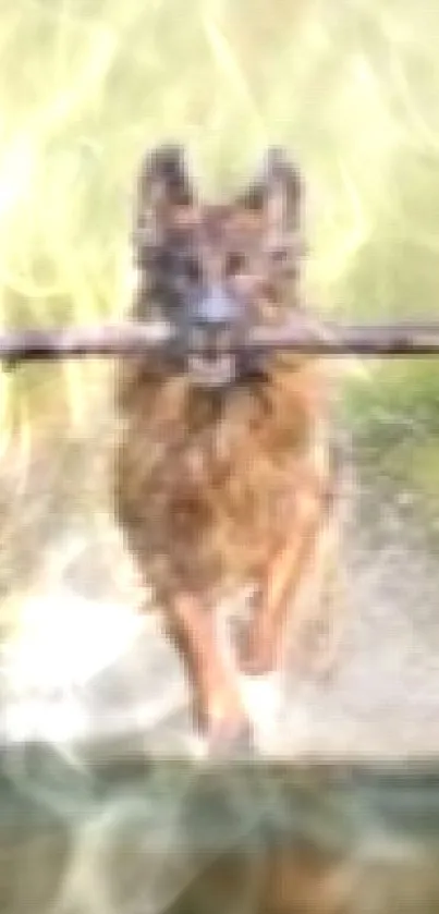 Dog running with stick in a sunlit forest stream.