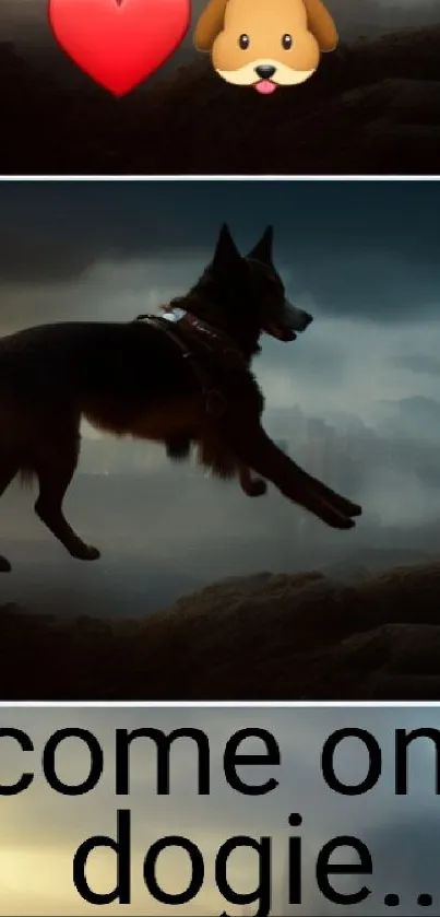 Silhouette of a dog jumping in a mystical, blue-tinted landscape.