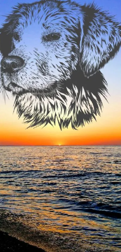 Dog silhouette over ocean sunset wallpaper.