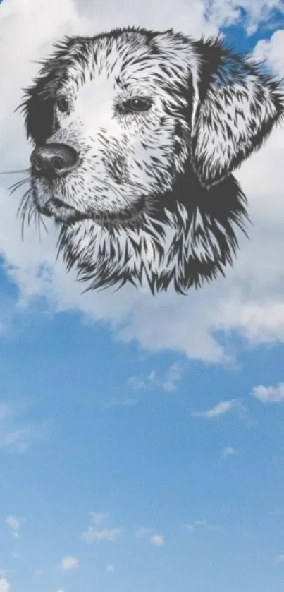 Dog sketch on blue sky with clouds wallpaper.