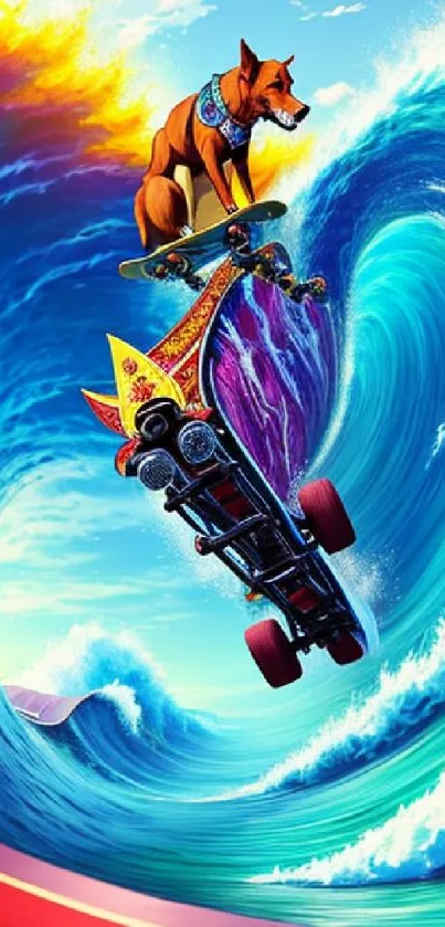 Dog surfing a skateboard on a massive ocean wave with bright colors.