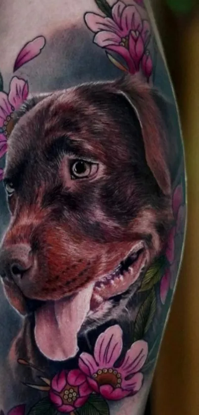 Brown dog tattoo with pink flowers, vivid mobile wallpaper.