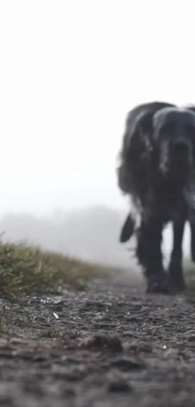 Dog walking on a foggy path with grass and mist.