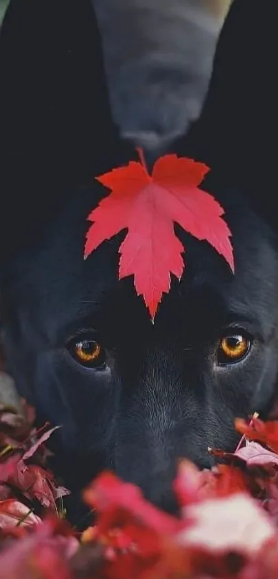 Black dog with red leaf on head amid autumn leaves.