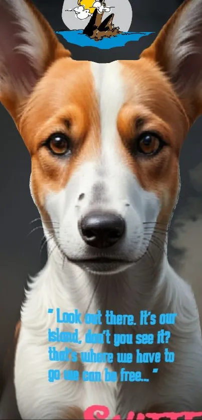 Dog with expressive eyes and cartoon island theme on phone wallpaper.