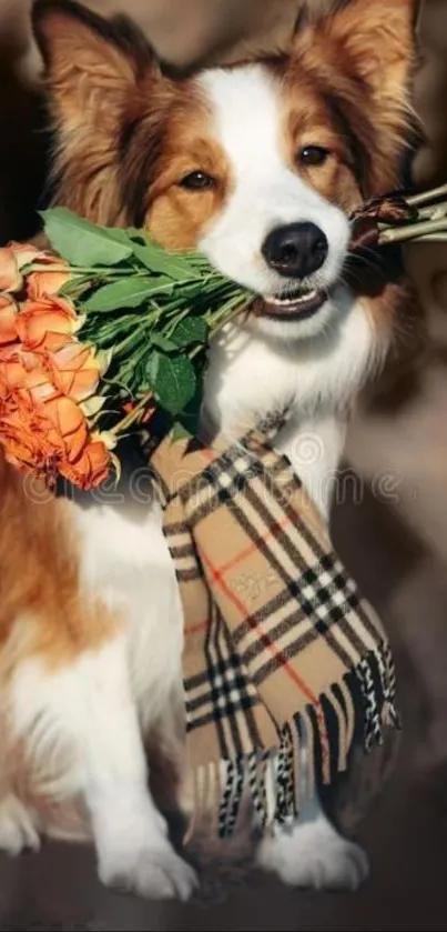 Dog with a bouquet of roses and a plaid scarf