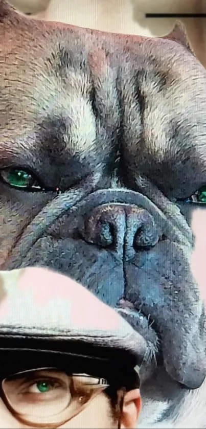 Close-up of a dog's face with captivating green eyes and intriguing expressions.