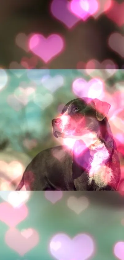 Dog with pink heart bokeh mobile wallpaper.