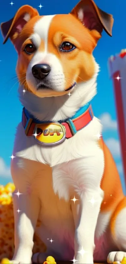Cute dog with popcorn in a bright, colorful setting, perfect for lively backgrounds.