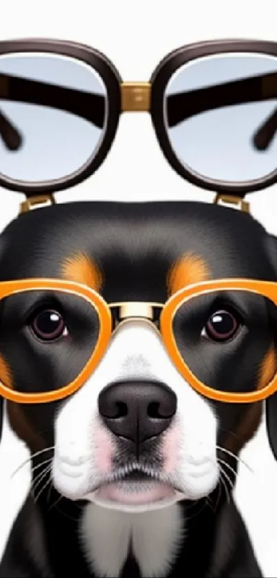 Cute dog wearing stylish orange glasses on its face and head.