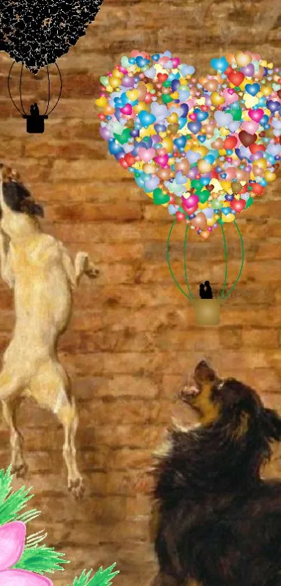 Whimsical dogs jumping for colorful balloons against a brick wall.