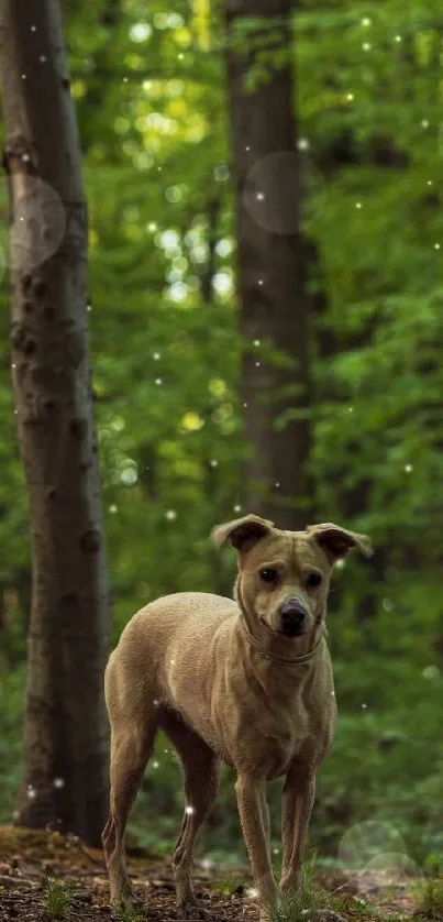 Two dogs exploring a lush green forest.