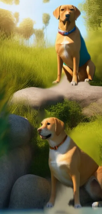 Two brown dogs on rocks in lush green nature with sunlight.