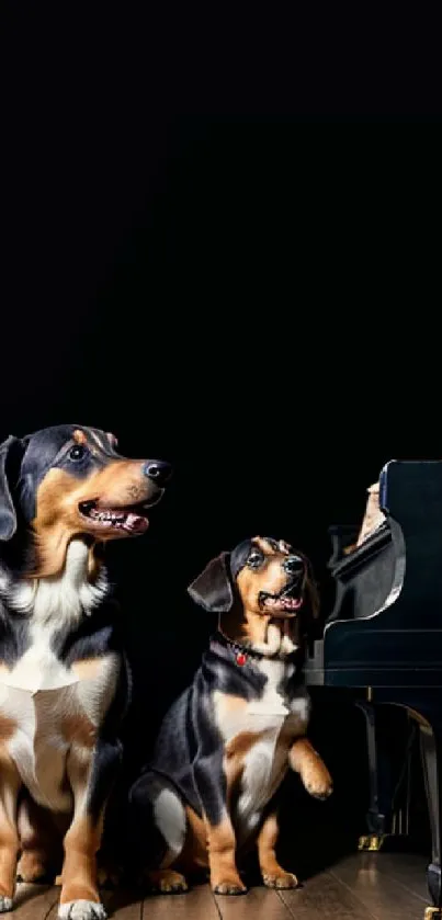 Two dogs beside a grand piano on a dark background.