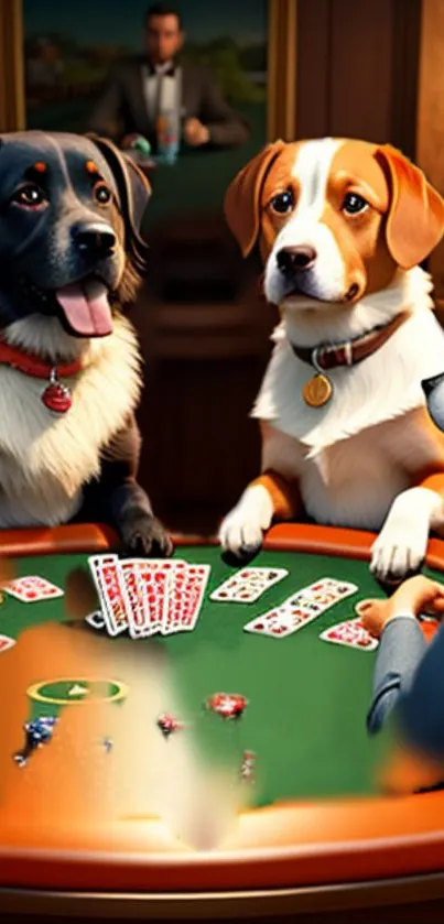 Whimsical dogs playing poker art wallpaper.