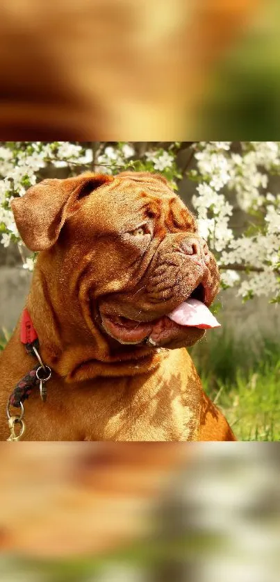 Dogue de Bordeaux sitting amid flowers with a spring backdrop.