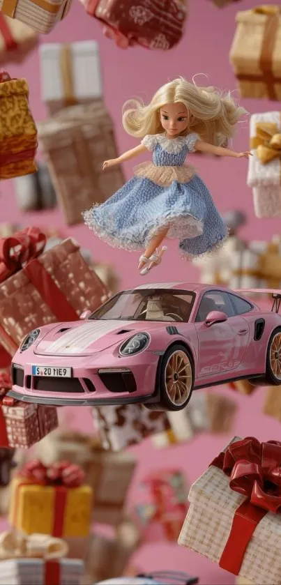 Barbie doll with toy car and colorful gift boxes on pink background.