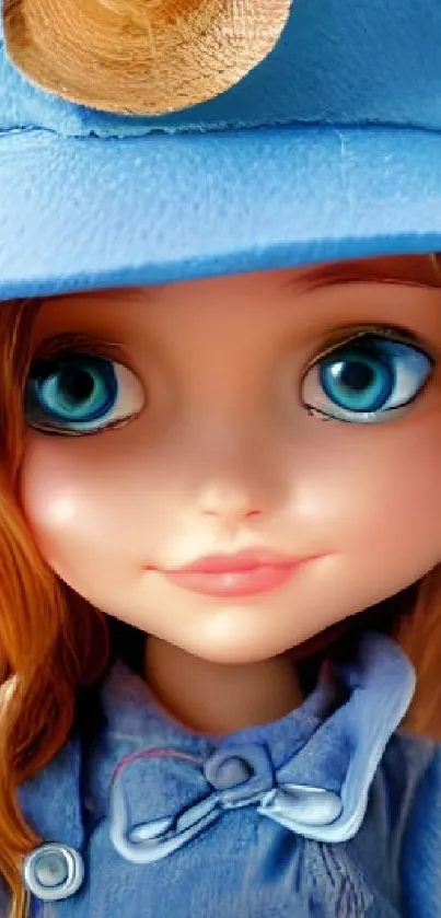 Charming doll with blue hat and colorful background in mobile wallpaper.