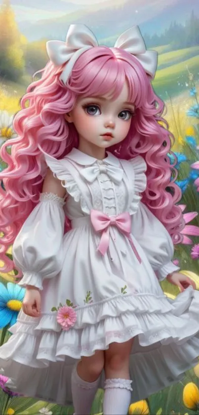 Pink-haired doll in a flowery landscape.