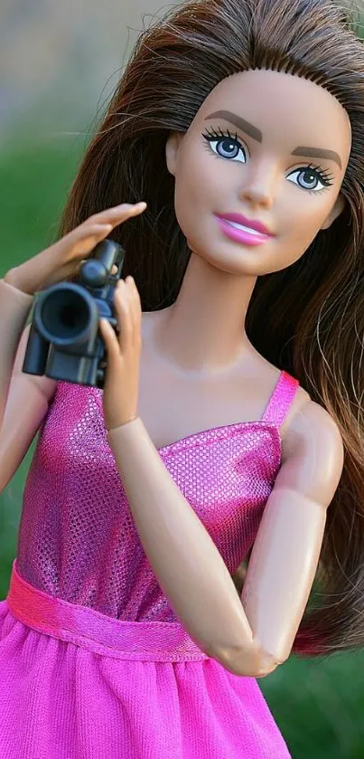 Doll with camera in a pink dress mobile wallpaper.