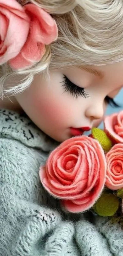 Elegant doll with pink roses mobile wallpaper.