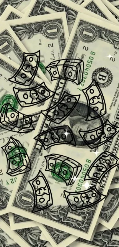 Artistic dollar bills and sketch overlay wallpaper