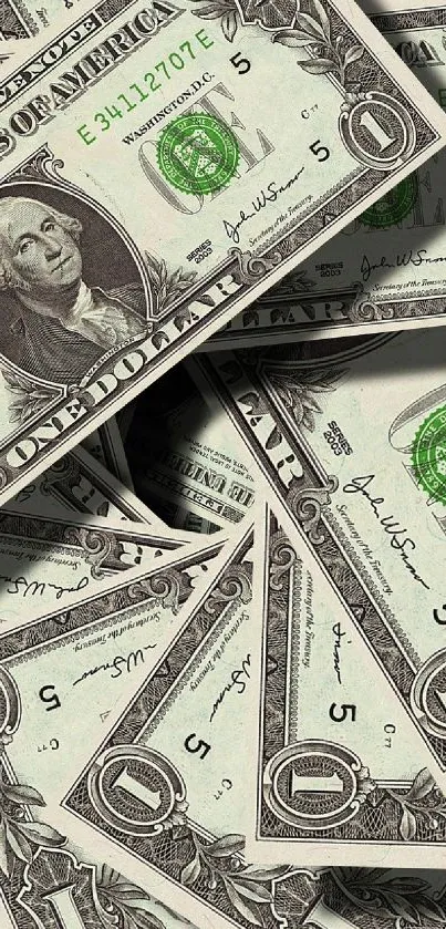 Realistic wallpaper of stacked dollar bills in green hue.