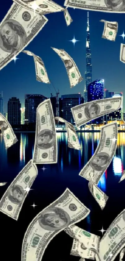 Floating dollars over a vibrant cityscape at night.