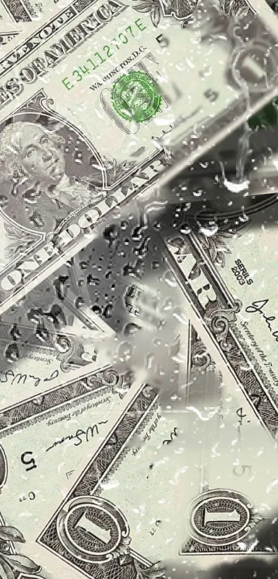 Dollar bills with artistic water droplets background.