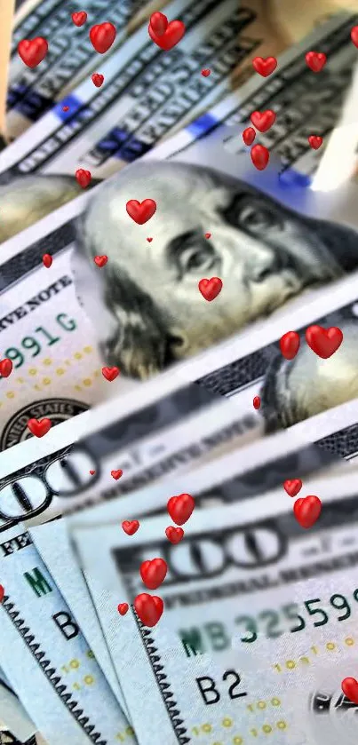 Dollar bills with floating red hearts design.