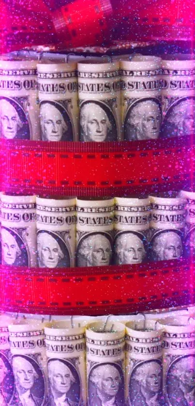 Vibrant wallpaper with dollar bills, red ribbons, and a neon pink glow.