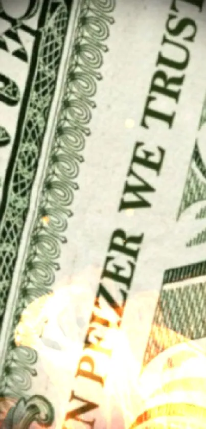 Dollar bill motif with 'In Pfizer We Trust' text on wallpaper.