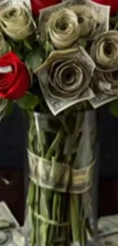 Bouquet of roses made from dollar bills and red flowers in a vase.