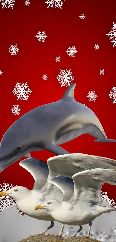 Dolphin and seagulls with snowflakes on a red backdrop.